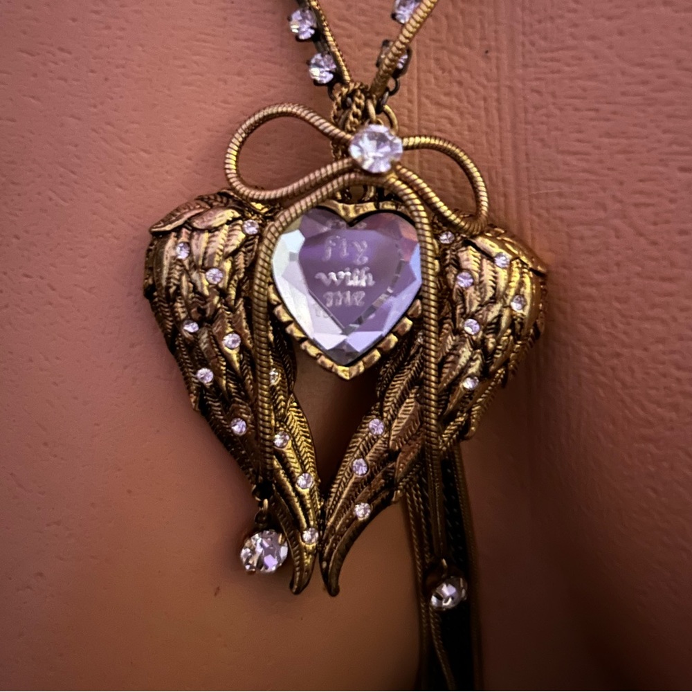 Betsey Johnson fly with me heart wing necklace vintage charm pendant bow N99